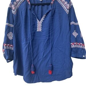 LOFT Navy Blouse with Red and White Embroidery